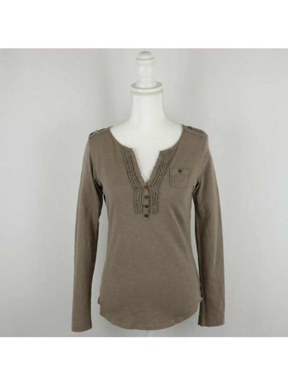 Eddie Bauer Women's Extra Small Brown Ruffled V-Neck Long Sleeve Knit Blouse
